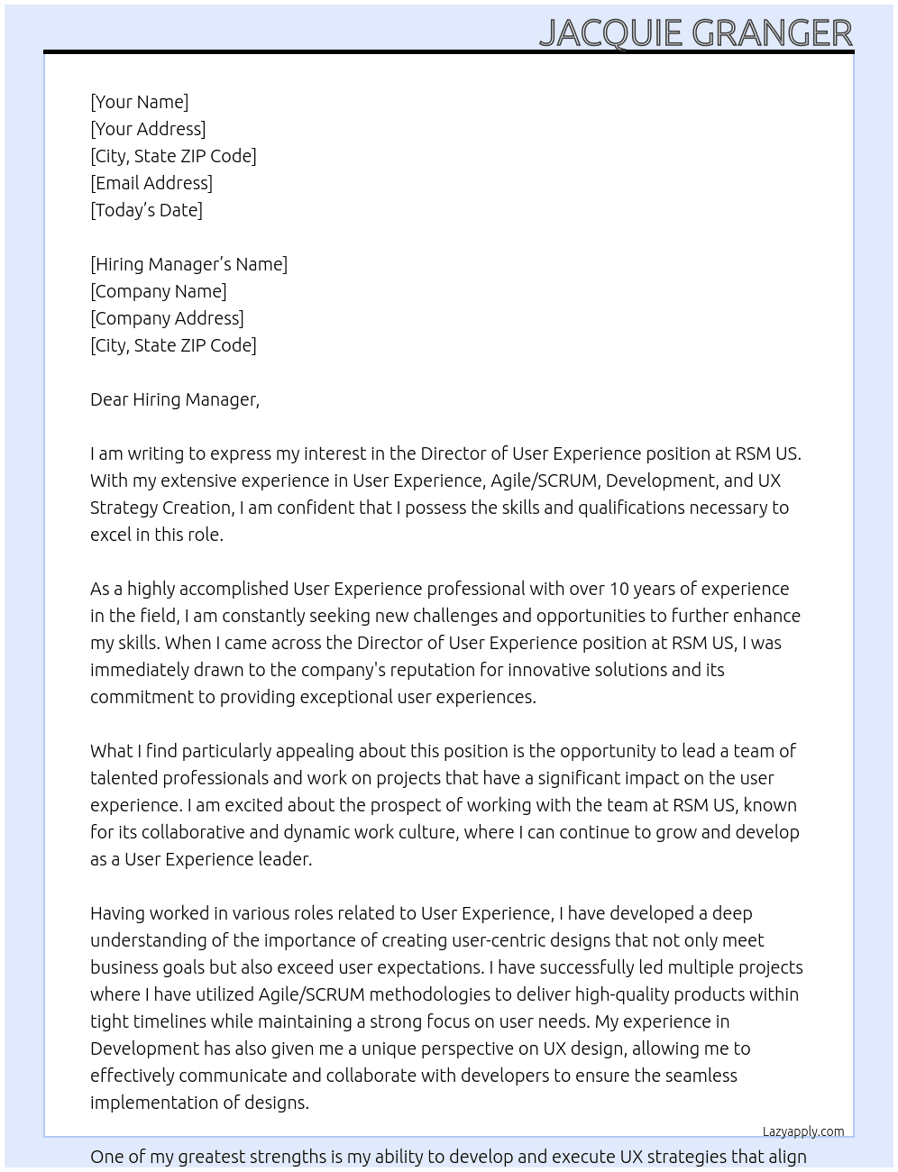 Director of User Experience At RSM US Cover Letter
