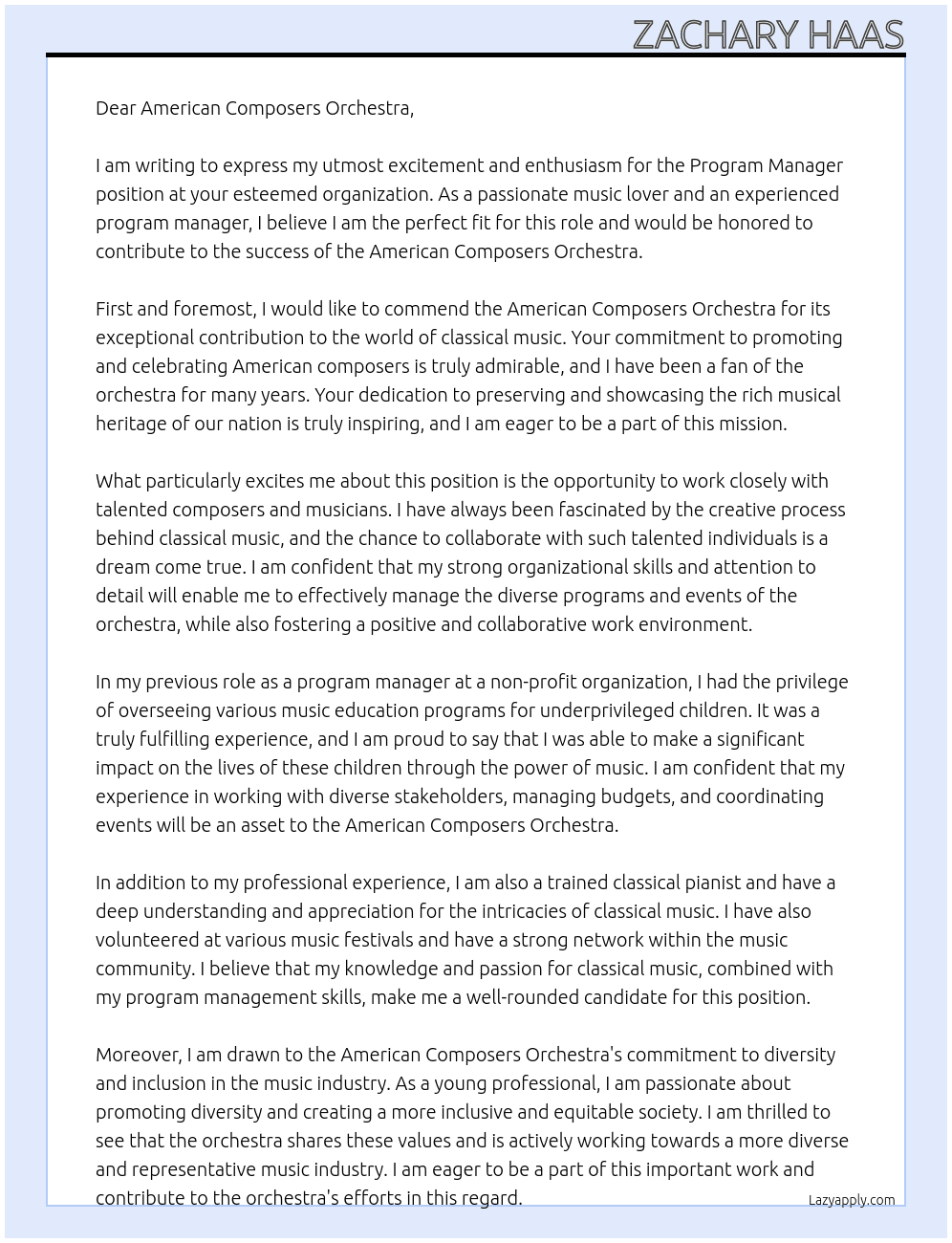 Program Manager At American Composers Orchestra Cover Letter