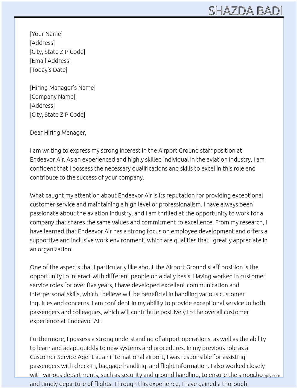 Airport Ground staff  At Endeavor Air Cover Letter