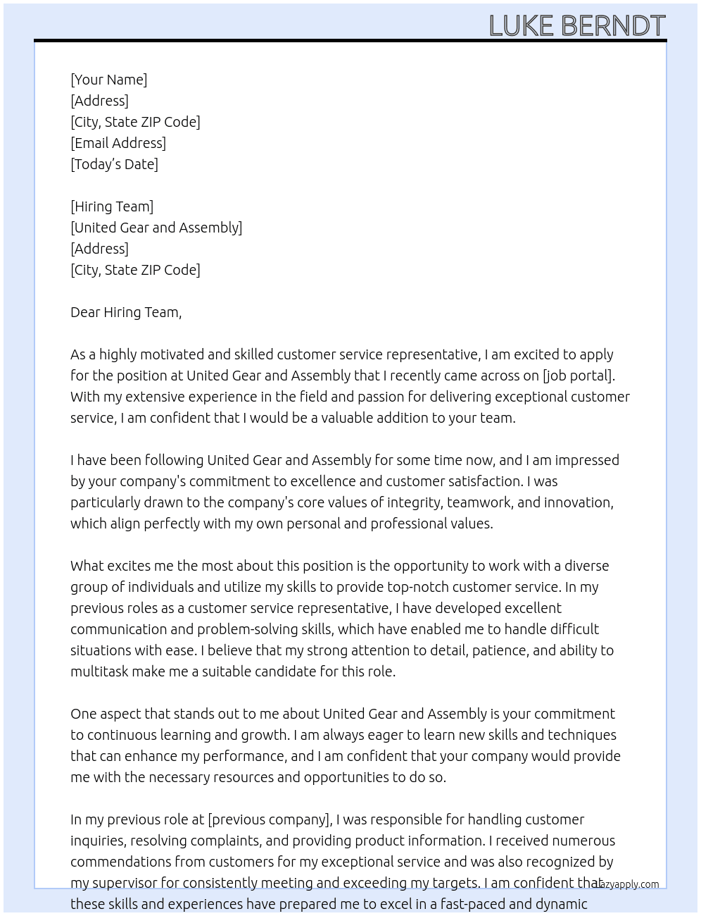 Customer service representative At United Gear and Assembly Cover Letter