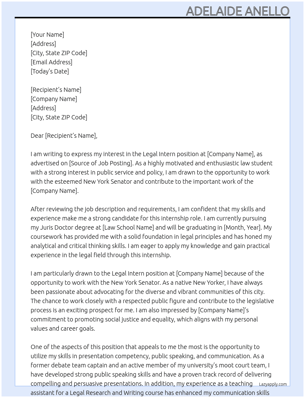 Legal Intern At New York Senator Cover Letter