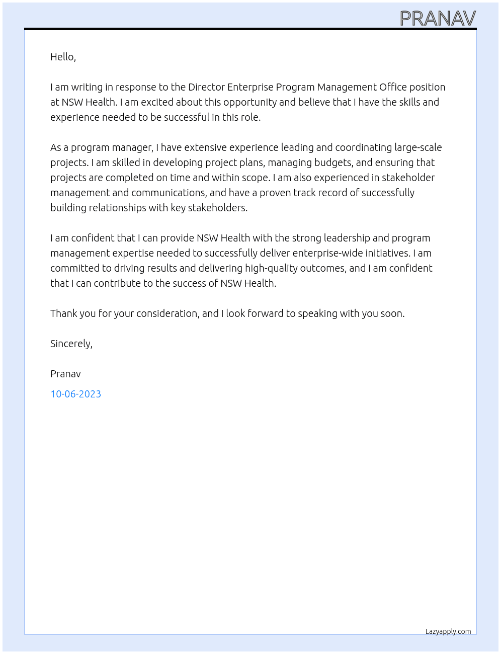 Director Enterprise Program Management Office At NSW Health Cover Letter