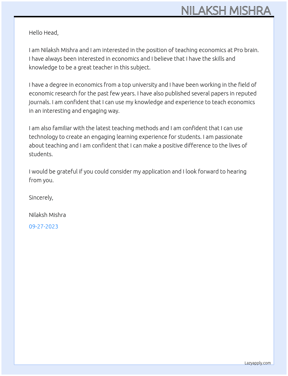 Teaching economics  At Pro brain  Cover Letter