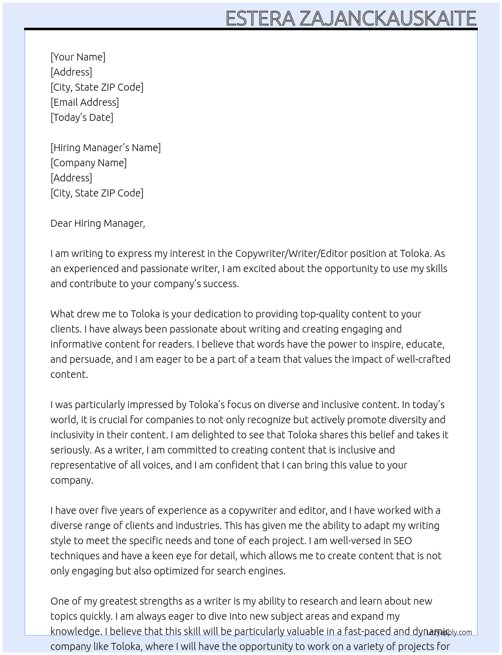 Copywriter/Writer/Editor At Toloka Cover Letter