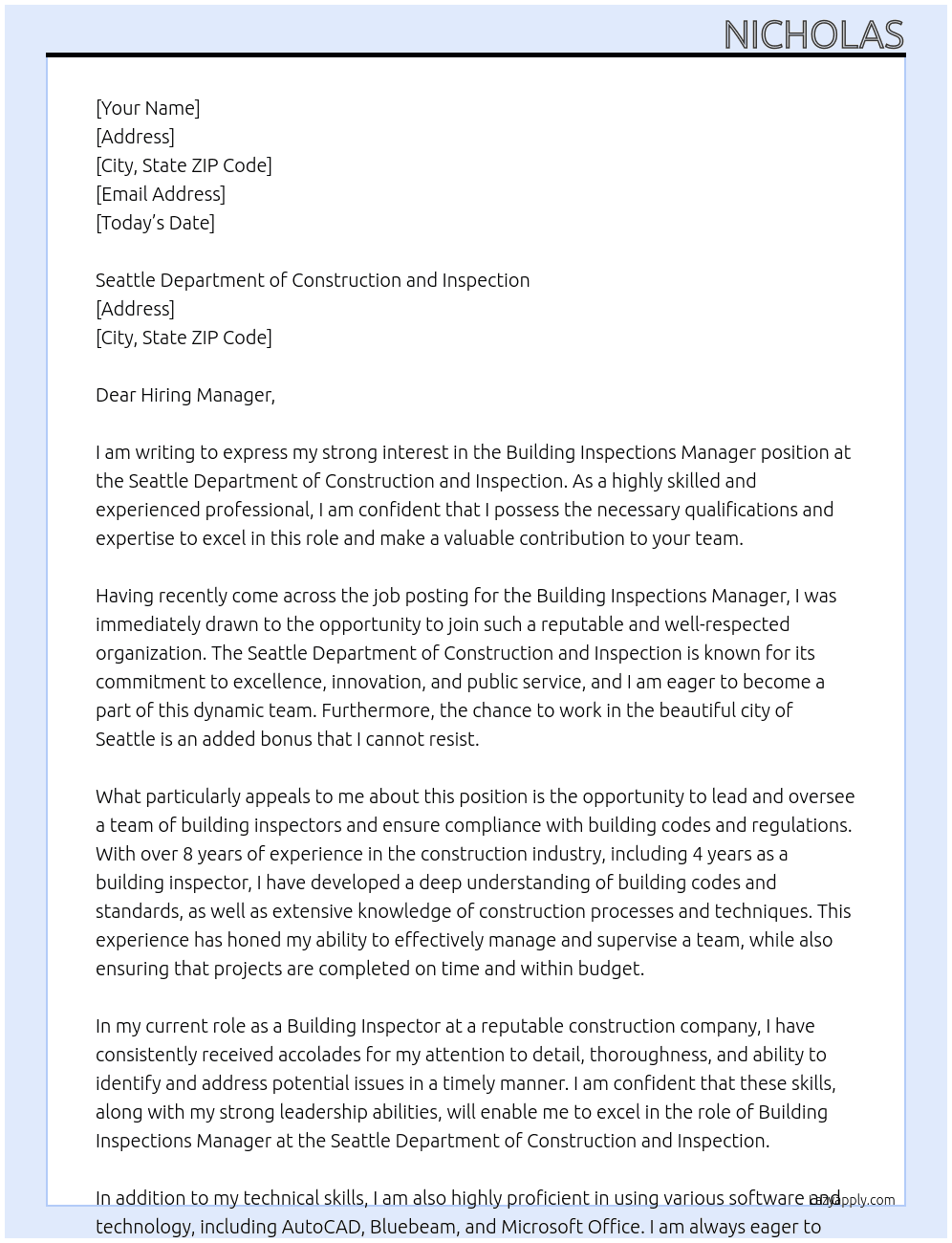 Building Inspections Manager (manager 2) At Seattle Department of Construction and Inspection Cover Letter