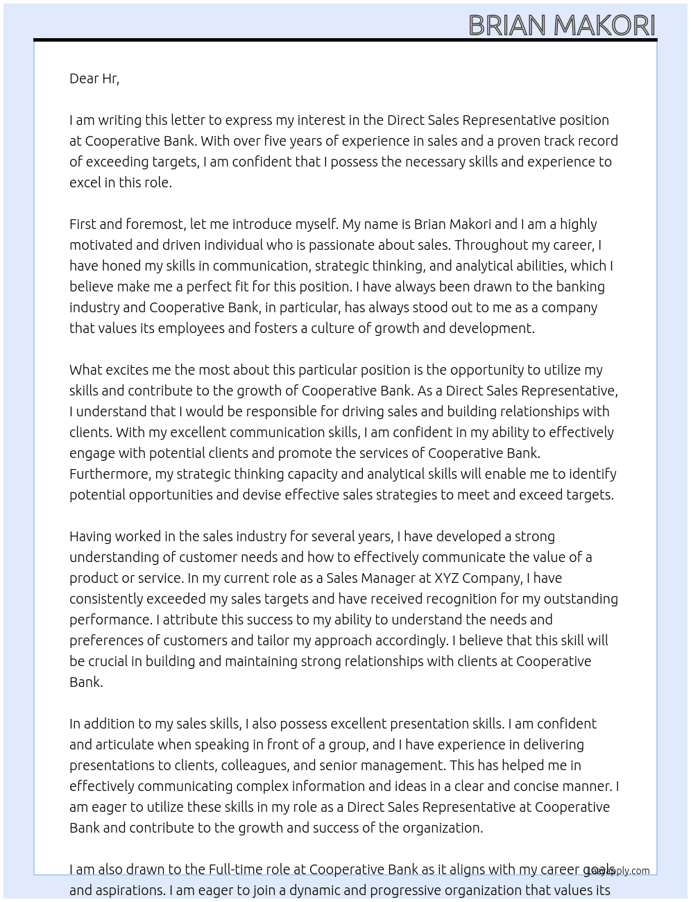 Direct Sales Representative  At Cooperative bank  Cover Letter