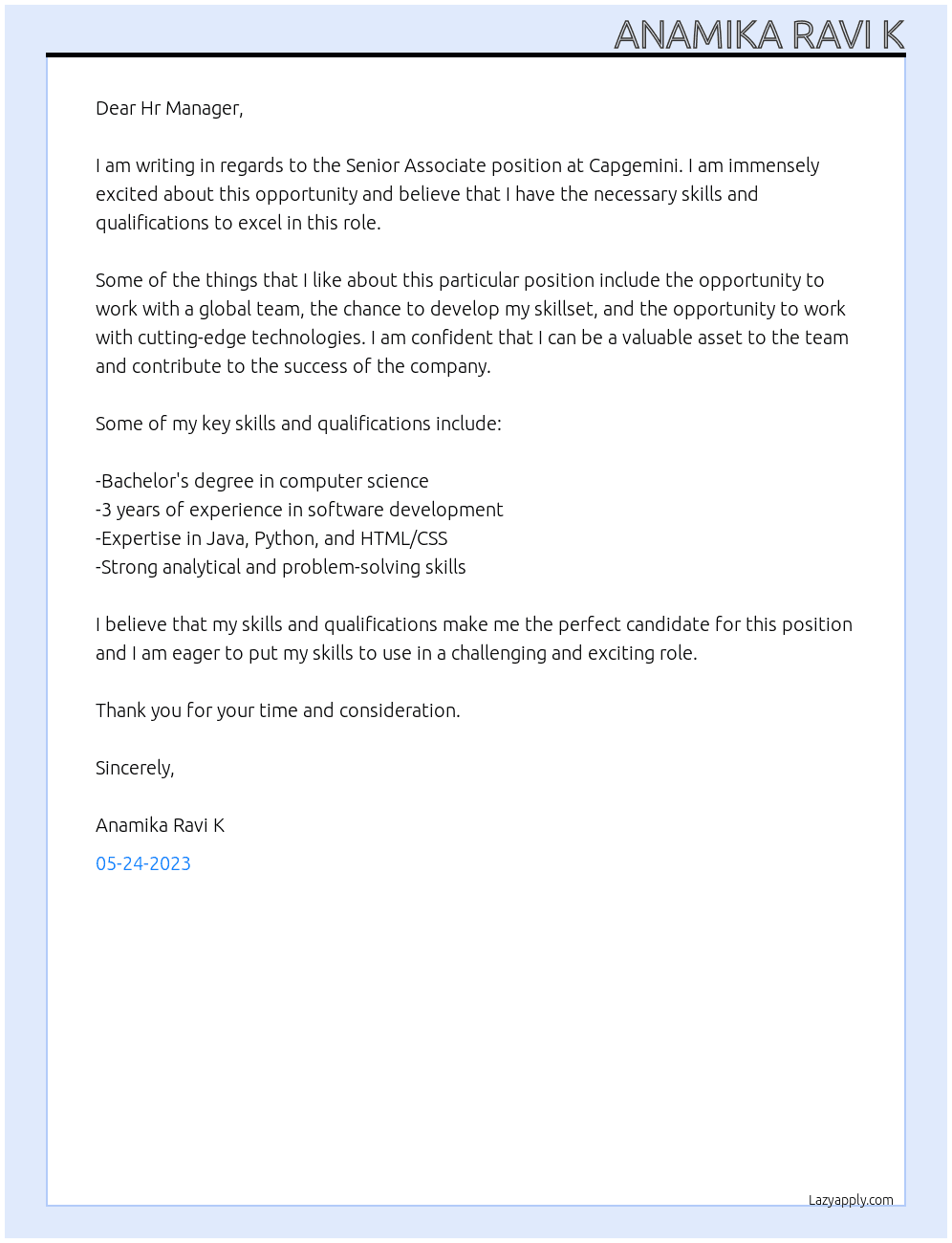 Senior Associate At Capgemini Cover Letter