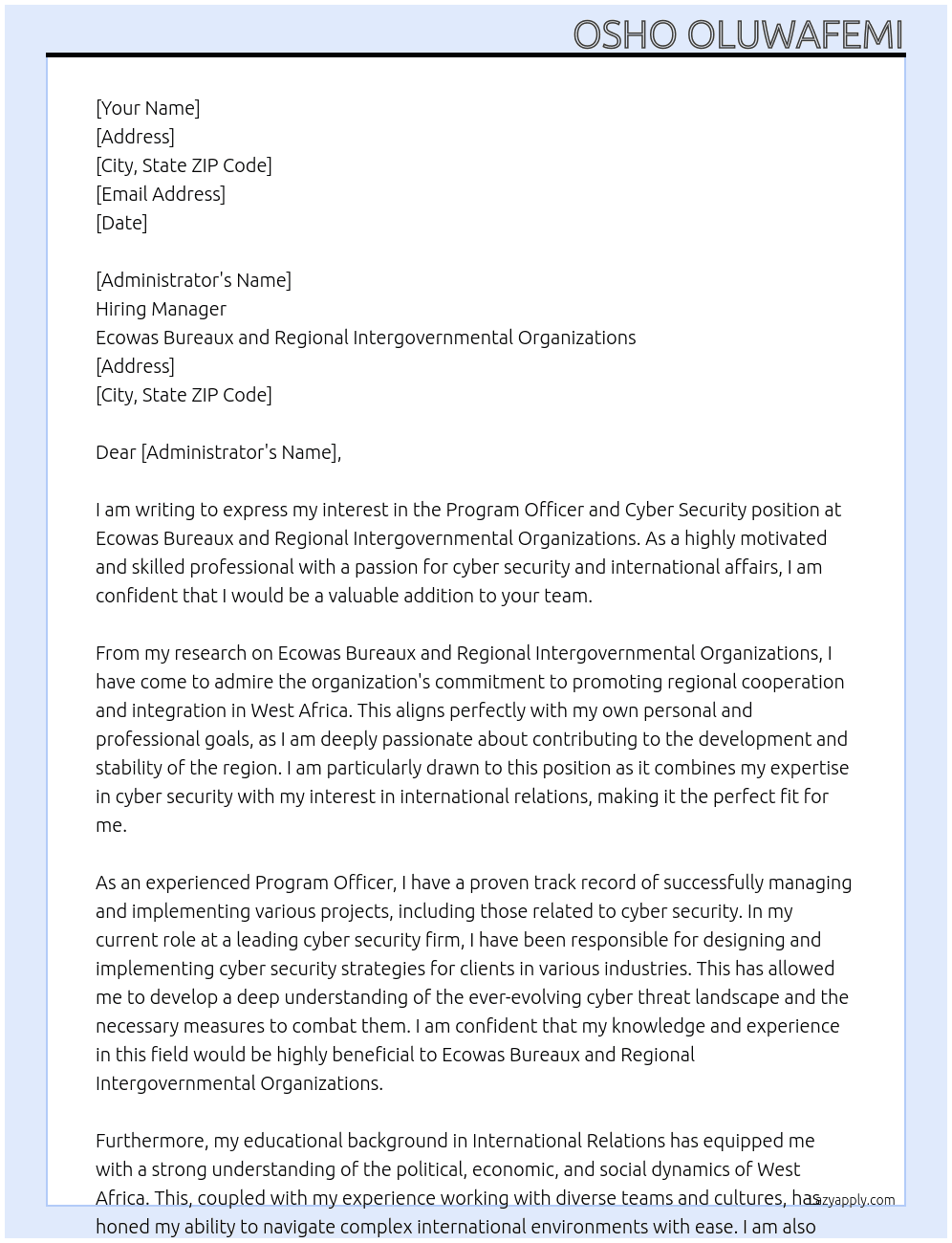 Program officer and cyber security At Ecowas Bureaux and Regional Intergovernmental Organizations Cover Letter