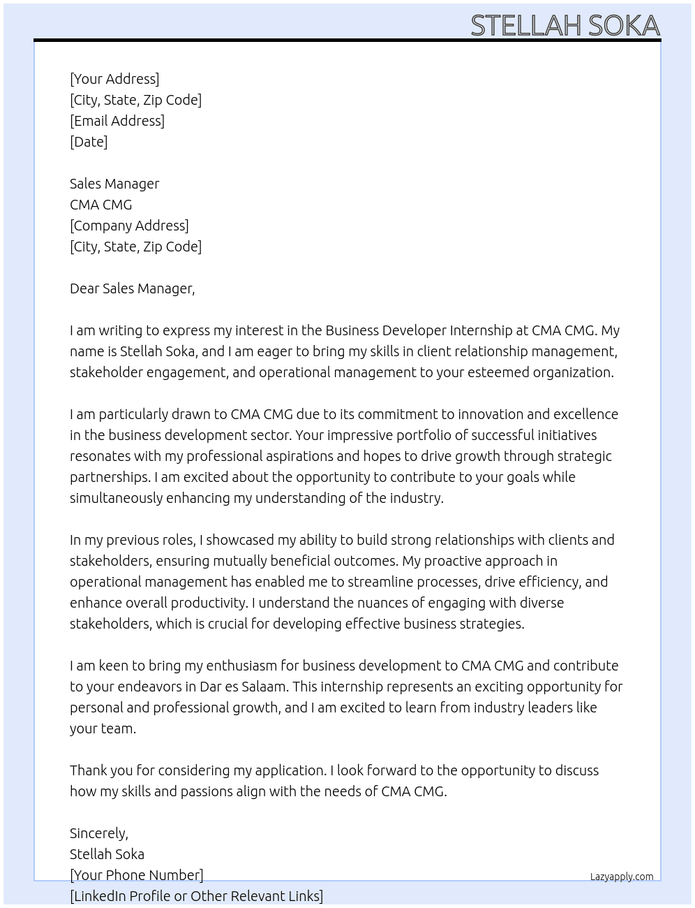 Cover letter for application for business developer internship - LazyApply