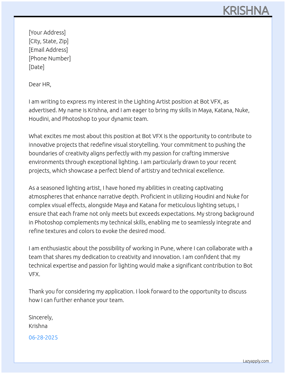Lighting artist  At Bot vfx Cover Letter