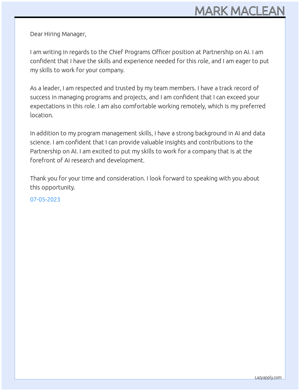 Chief Programs Officer At Partnership on AI Cover Letter