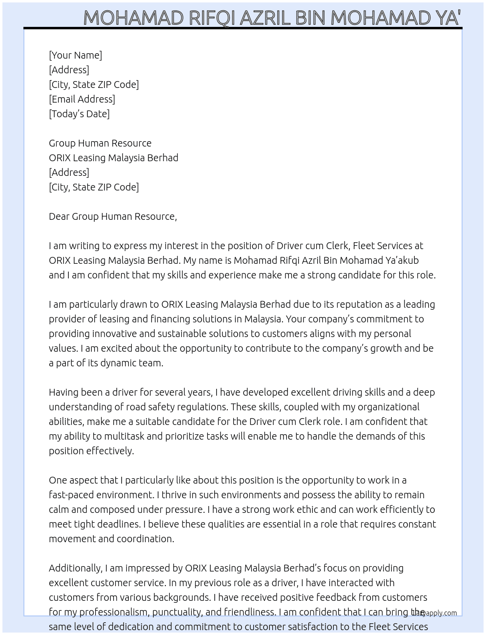 Driver cum Clerk, Fleet Services At ORIX Leasing Malaysia Berhad Cover Letter