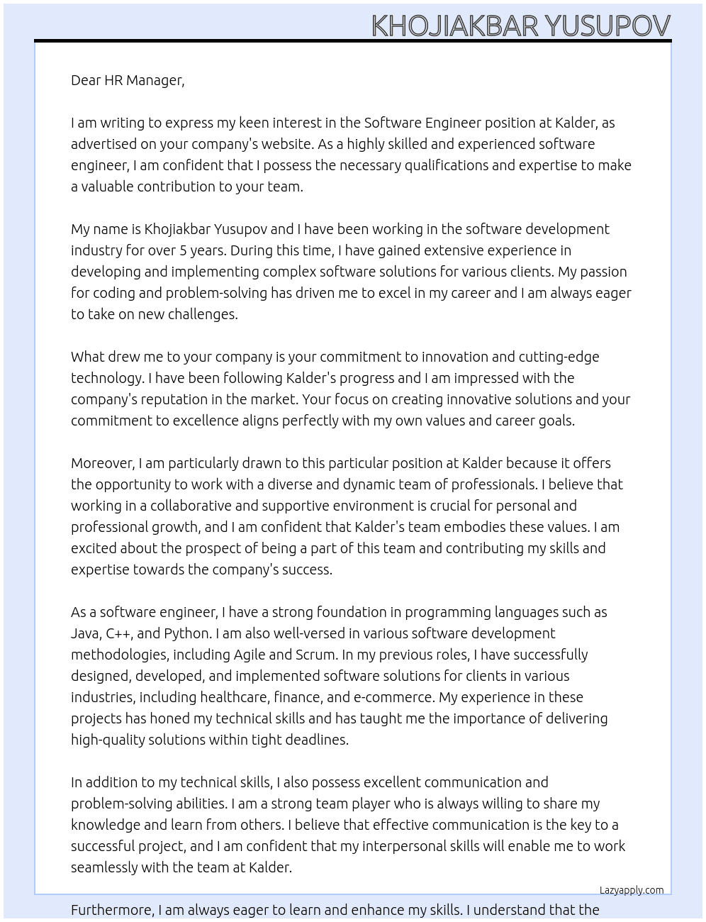 Software Engineer At Kalder Cover Letter