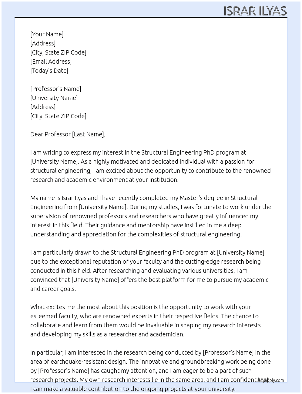 Structural engineeringPHD application At university professor Cover Letter