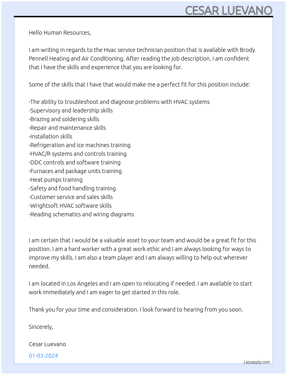 Hvac service technician  At Brody Pennell Heating and Air Conditioning  Cover Letter