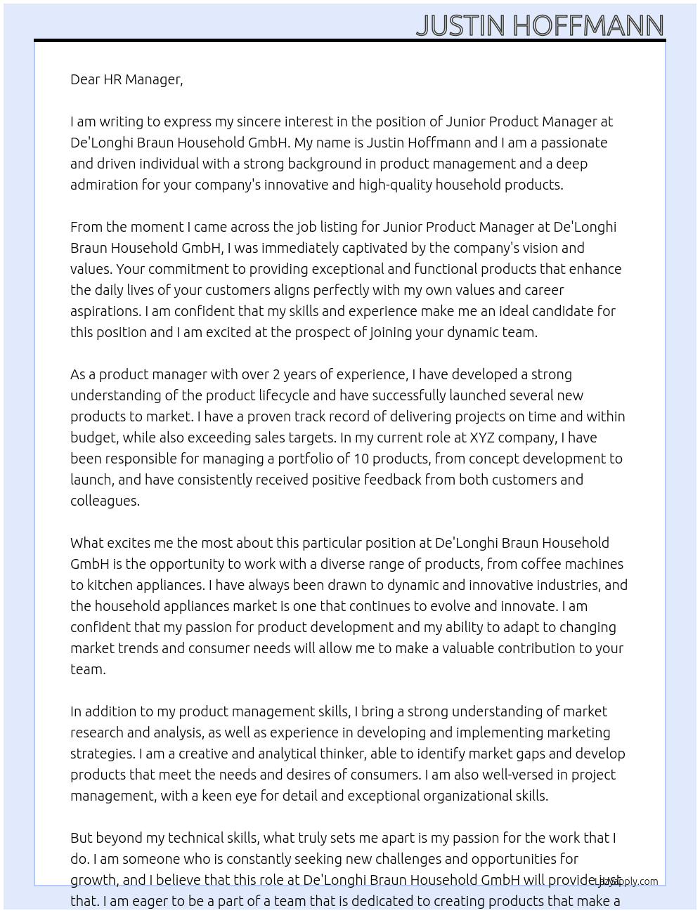 Junior Product Manager At De'Longhi Braun Household GmbH Cover Letter