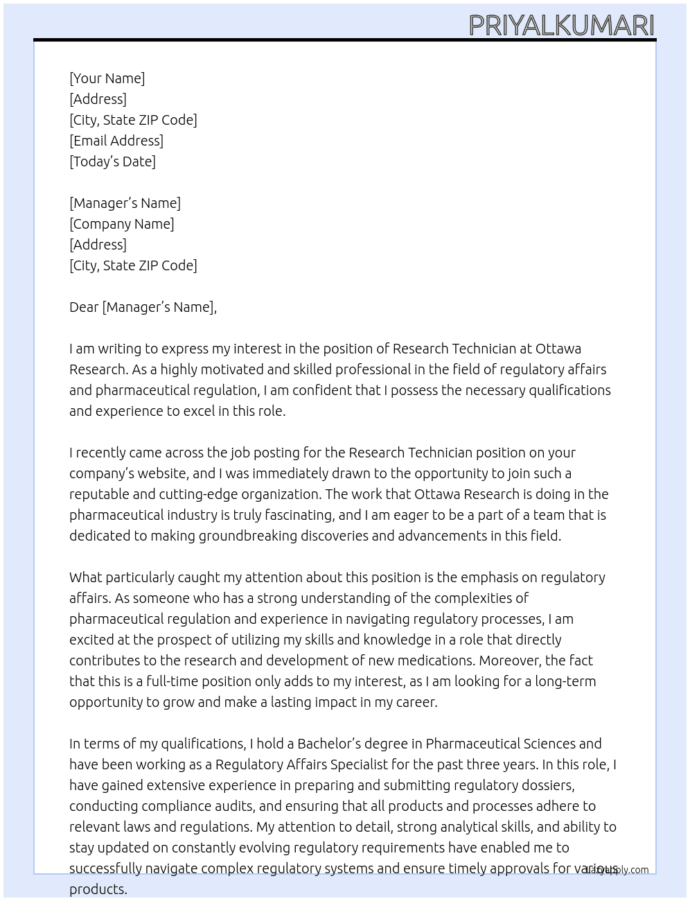 Research Technician At Ottawa research Cover Letter