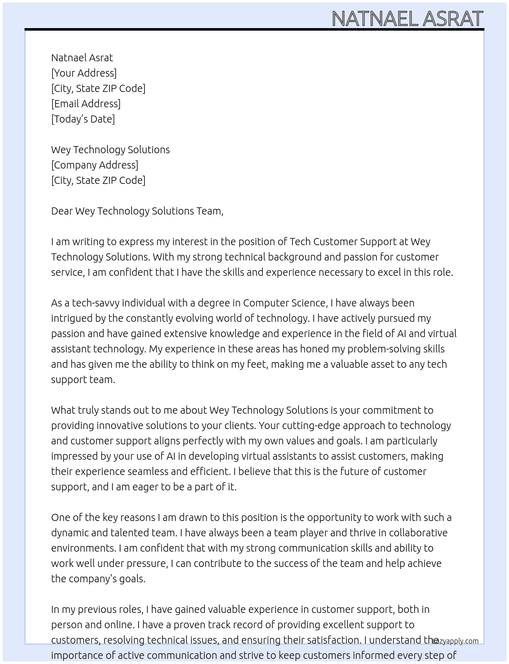 Tech customer support  At Wey technology solutions  Cover Letter