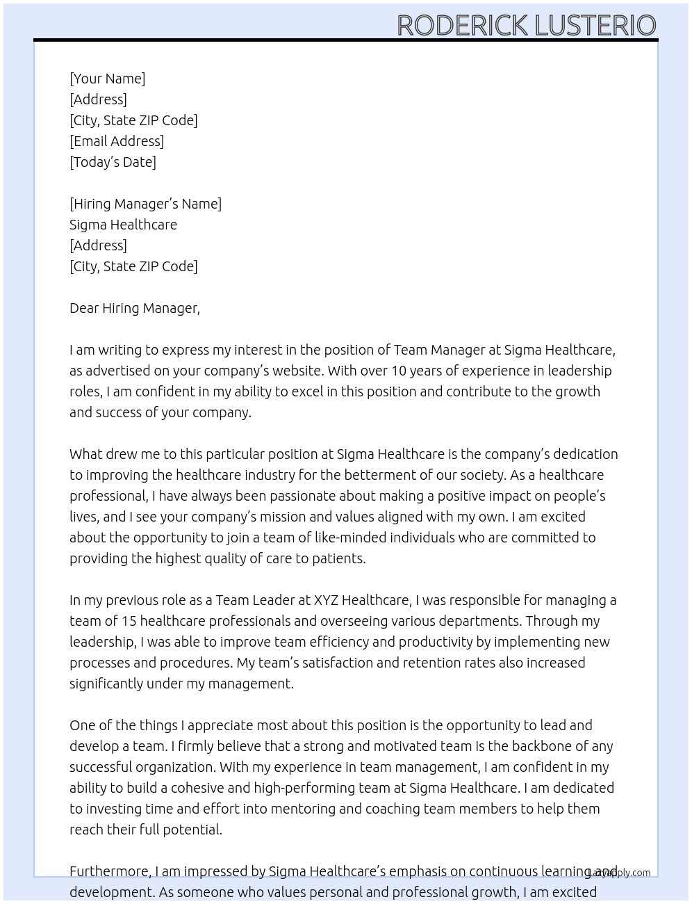 Team Manager At Sigma Healthcare Cover Letter