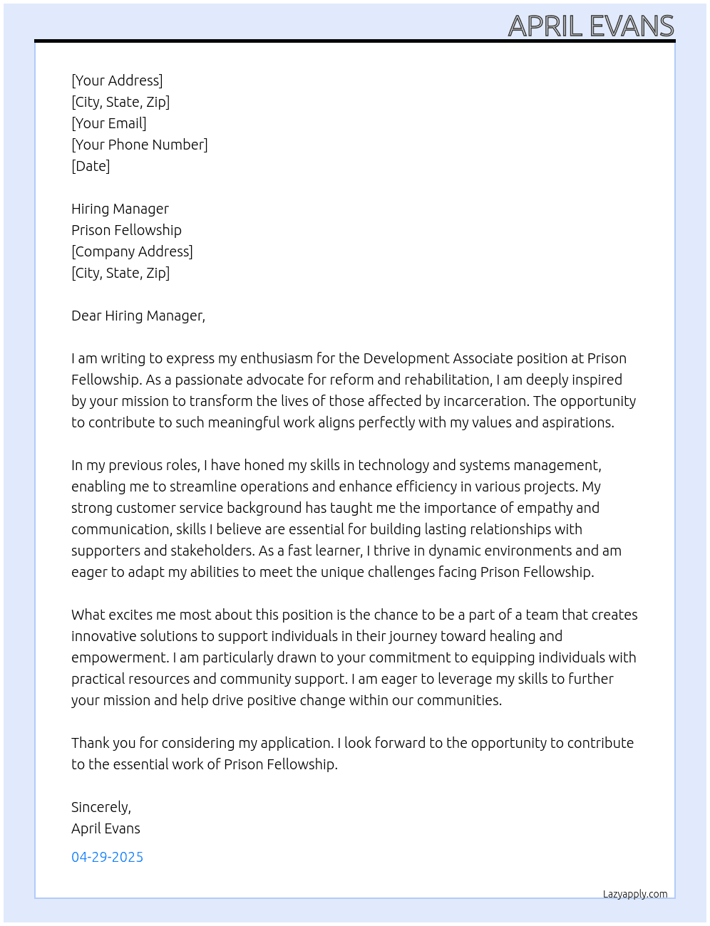 Development Associate  At Prison Fellowship Cover Letter