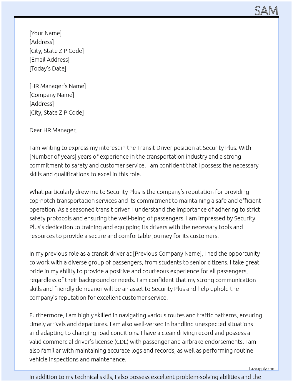 Transit driver At Security Plus Cover Letter