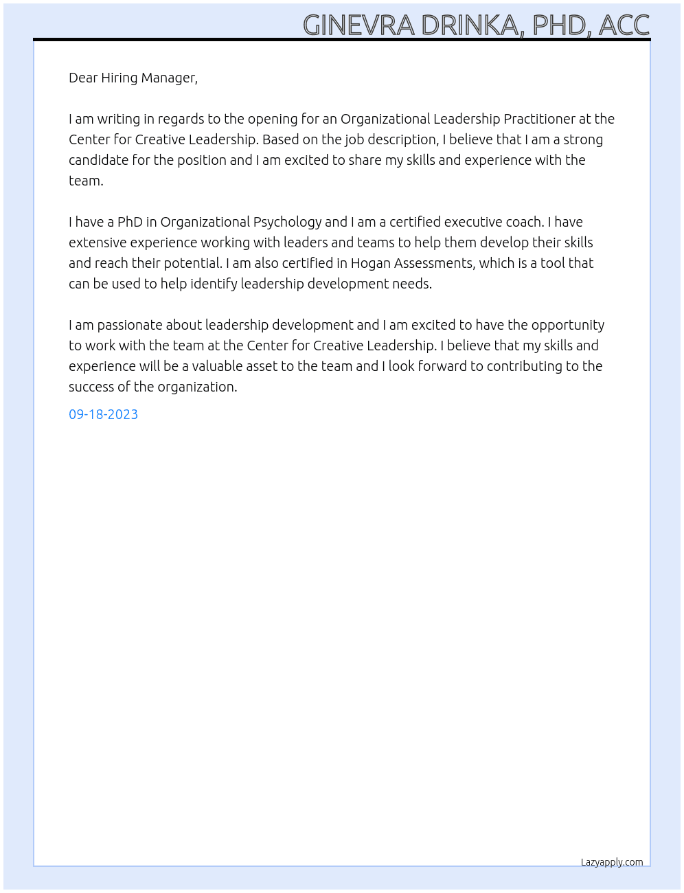 Organizational Leadership Practitioner At Center for Creative Leadership Cover Letter