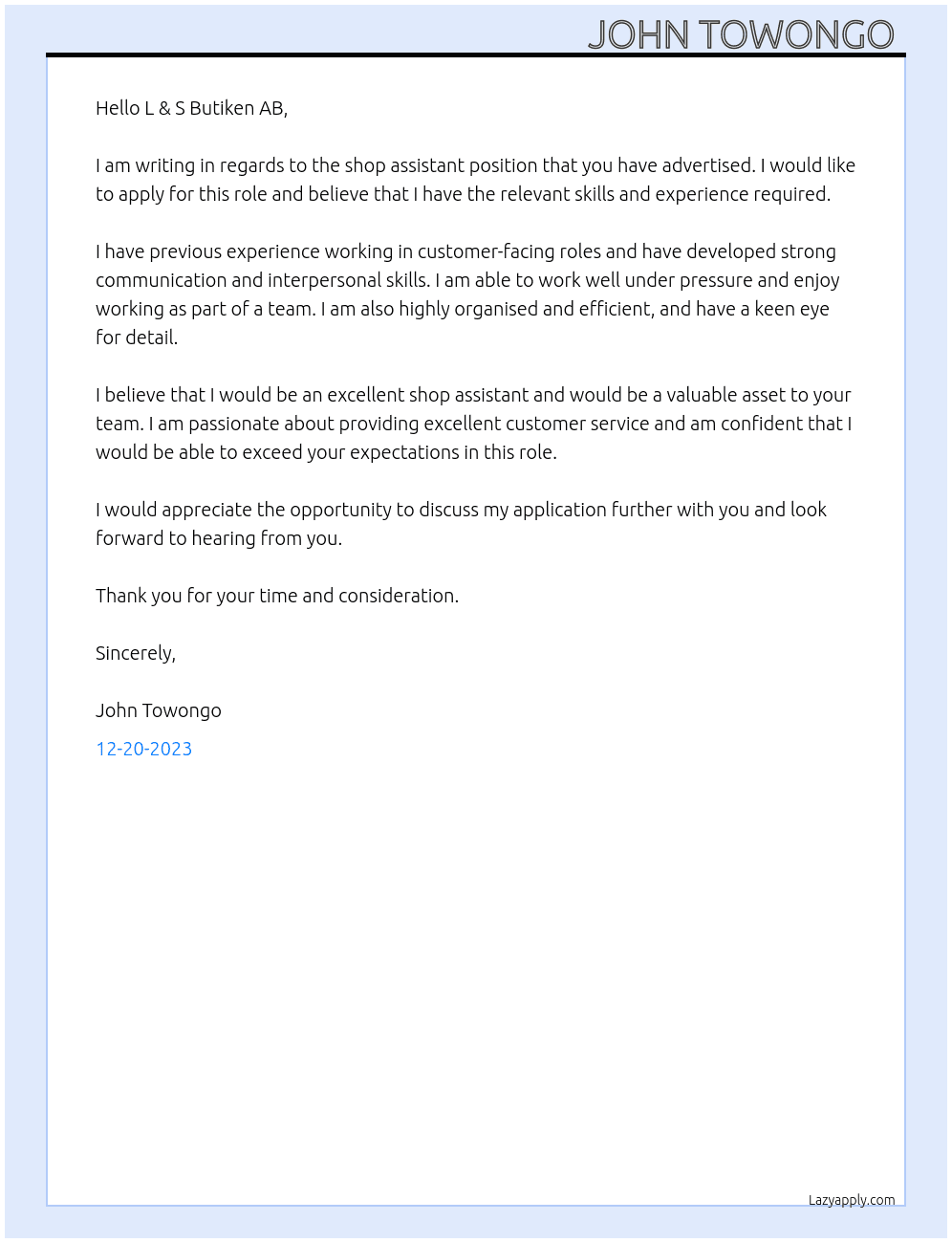 shop asistant  At L & S Butiken AB Cover Letter