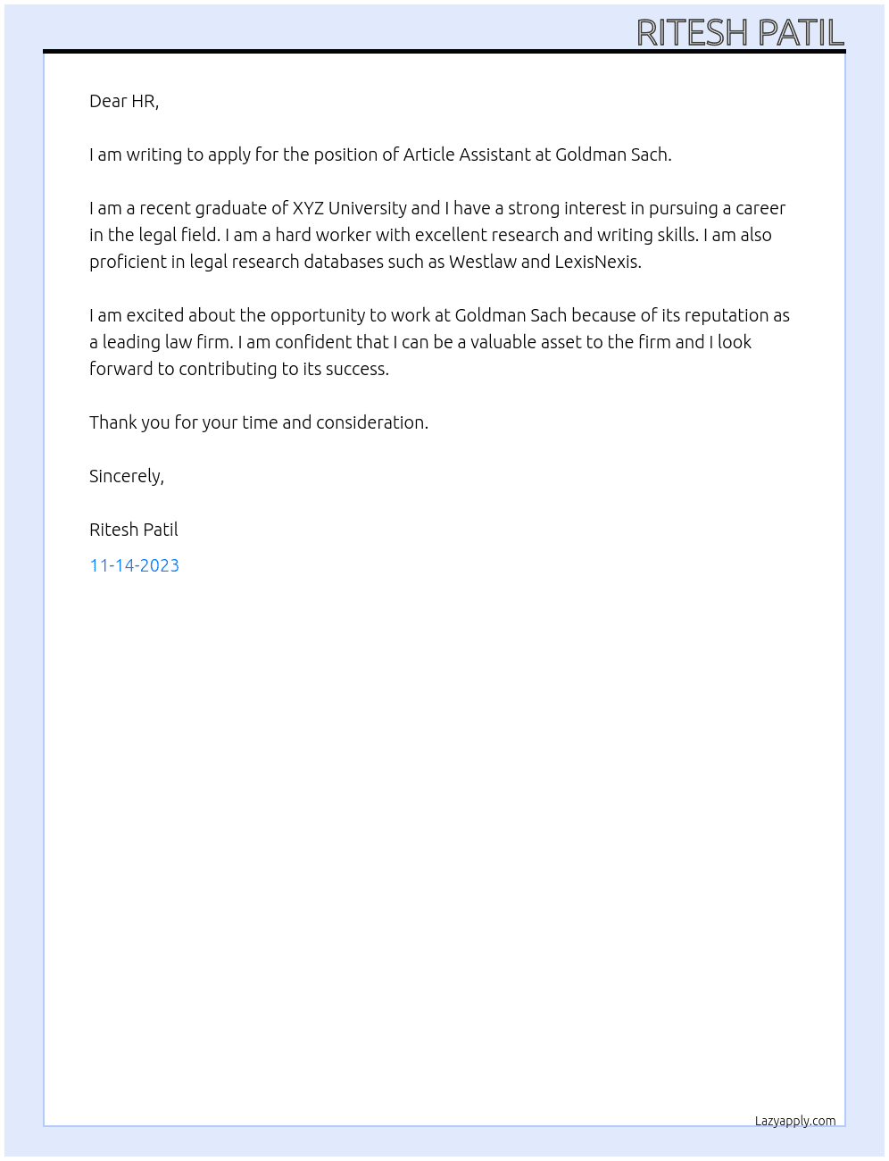 Article Assistant  At Goldman Sach Cover Letter
