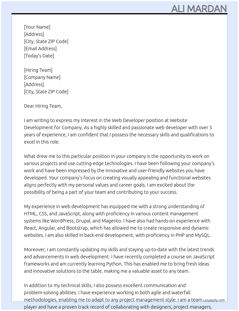 Web developer At Website Development for Company Cover Letter