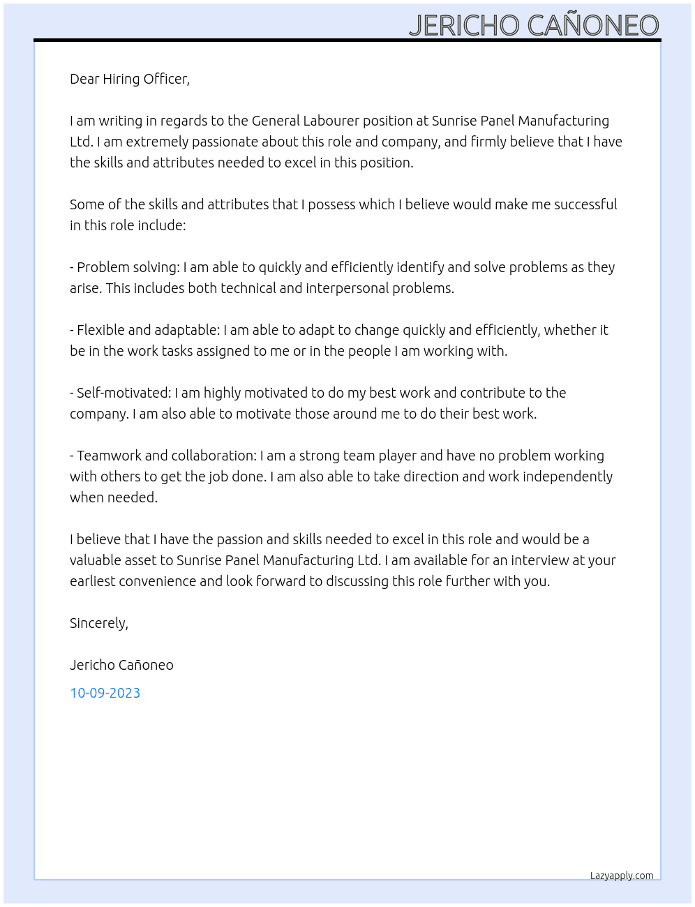 General labourer - manufacturing At Sunrise Panel Manufacturing Ltd. Cover Letter