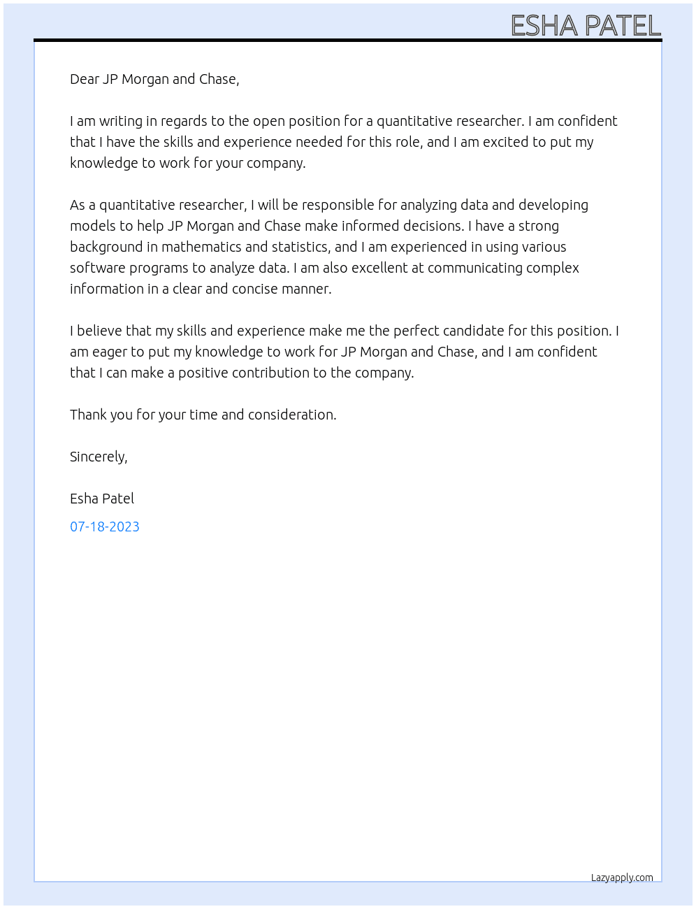 Quantitative Researcher At JP Morgan and Chase Cover Letter