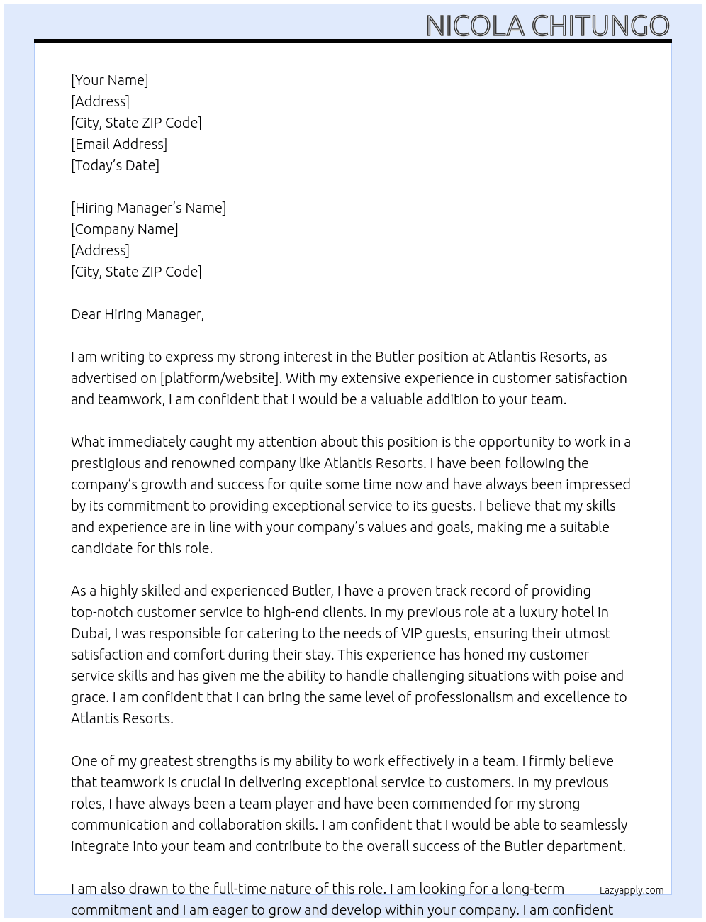 Butler At Atlantis Resorts  Cover Letter