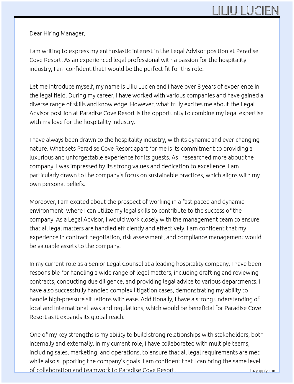 Legal Advisor At Paradise Cove Resort Cover Letter