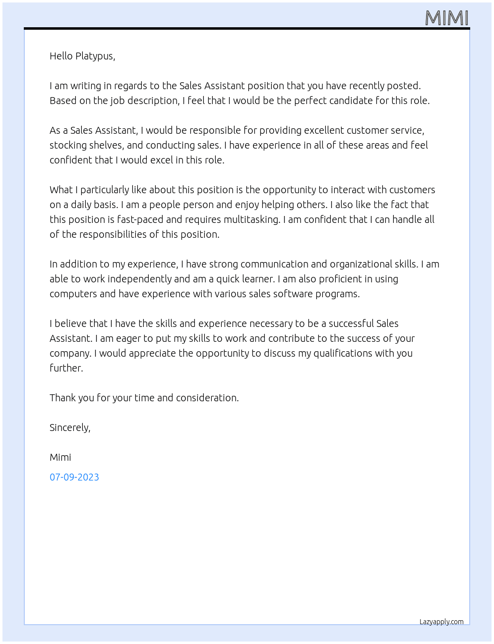 Sales Assistant At Platypus Cover Letter