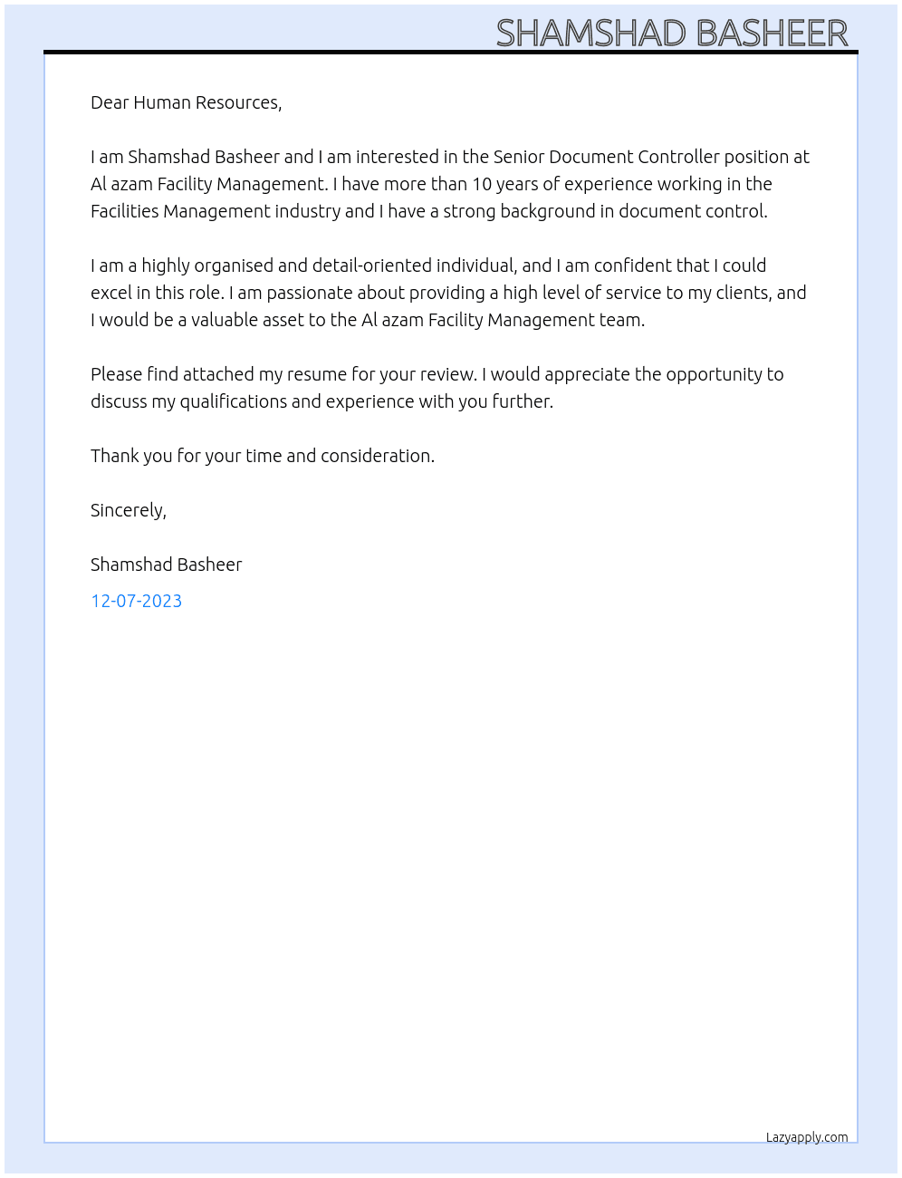 Senior Document Controller At Al azam Facility Management  Cover Letter