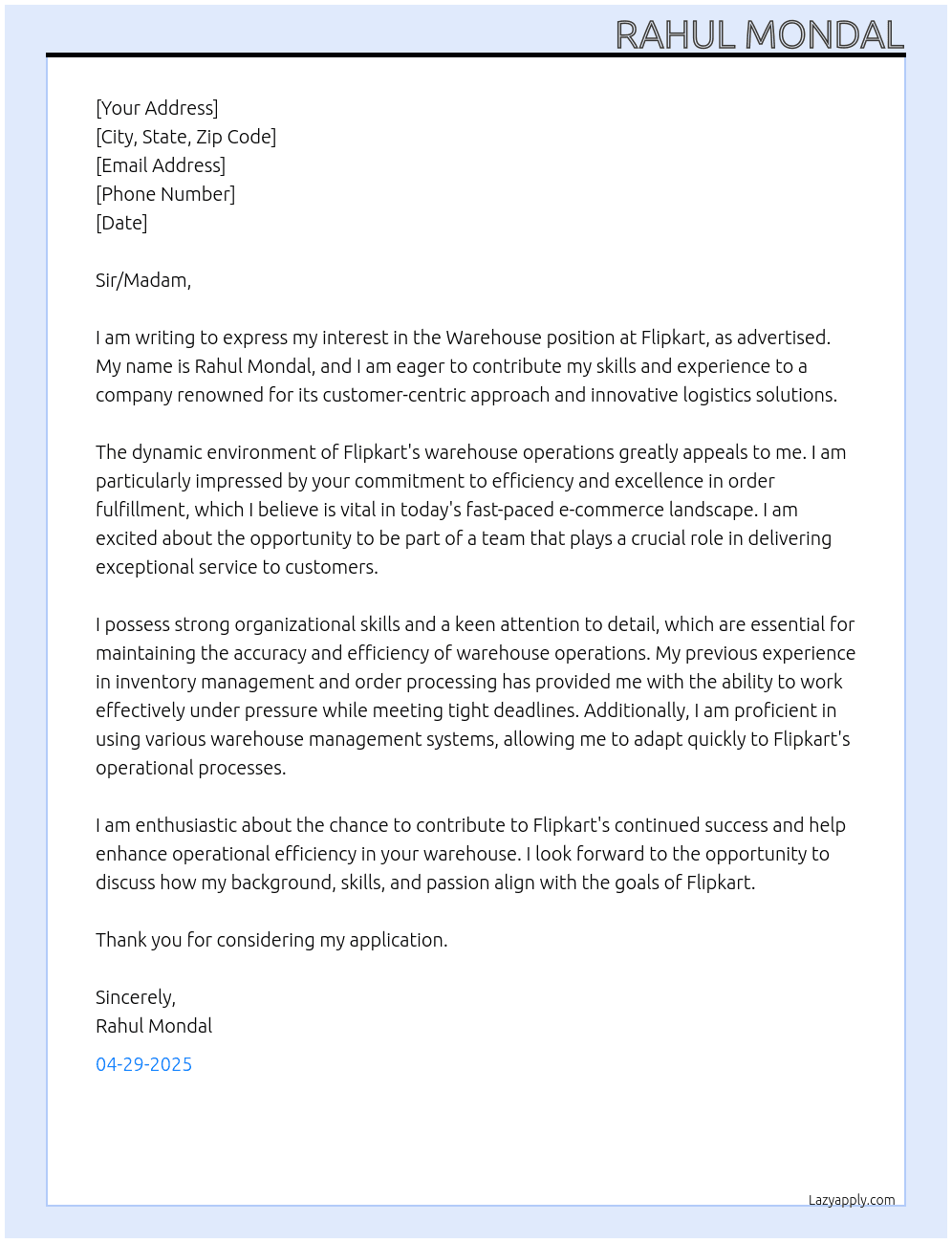 Wearhouse At FLIPCART Cover Letter