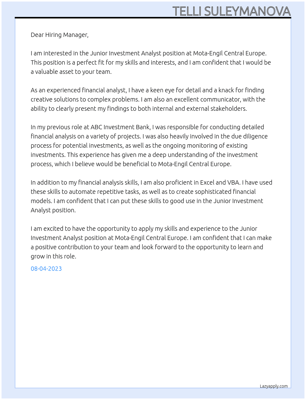 Junior Investment Analyst At Mota-Engil Central Europe Cover Letter