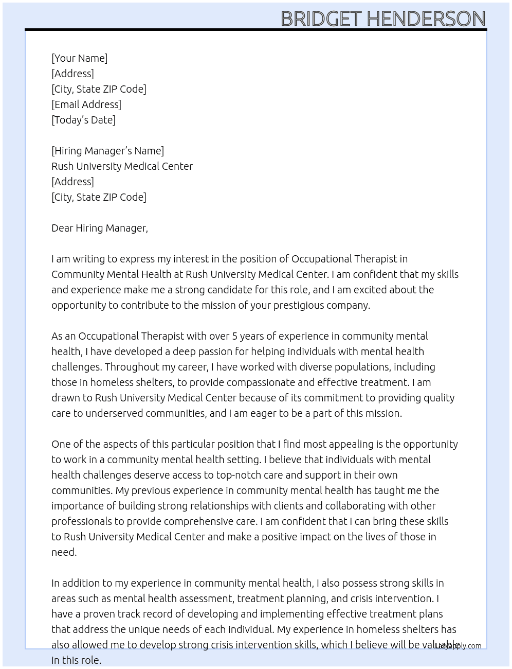 Cover letter for occupational therapist community mental health - LazyApply
