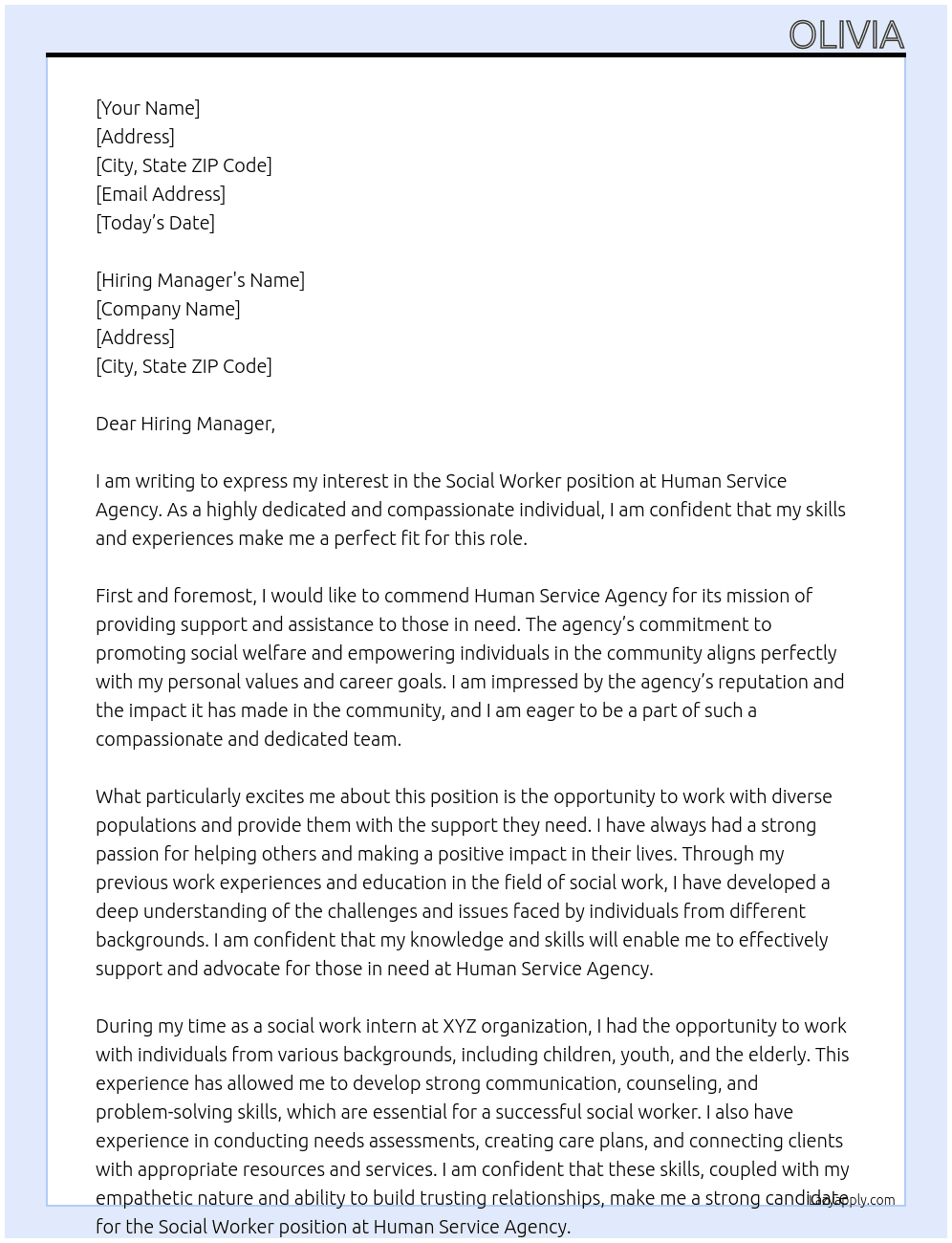 social worker At human service agency Cover Letter