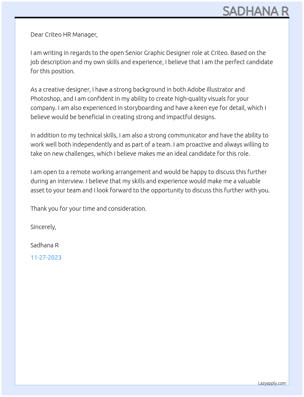 creative Designer At criteo Cover Letter