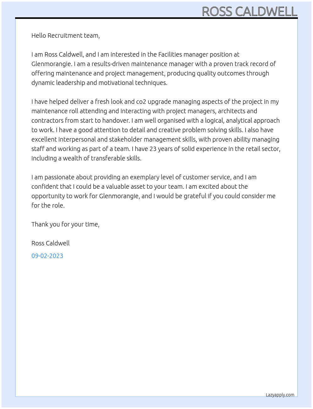 Facilities manager  At Glenmorangie  Cover Letter
