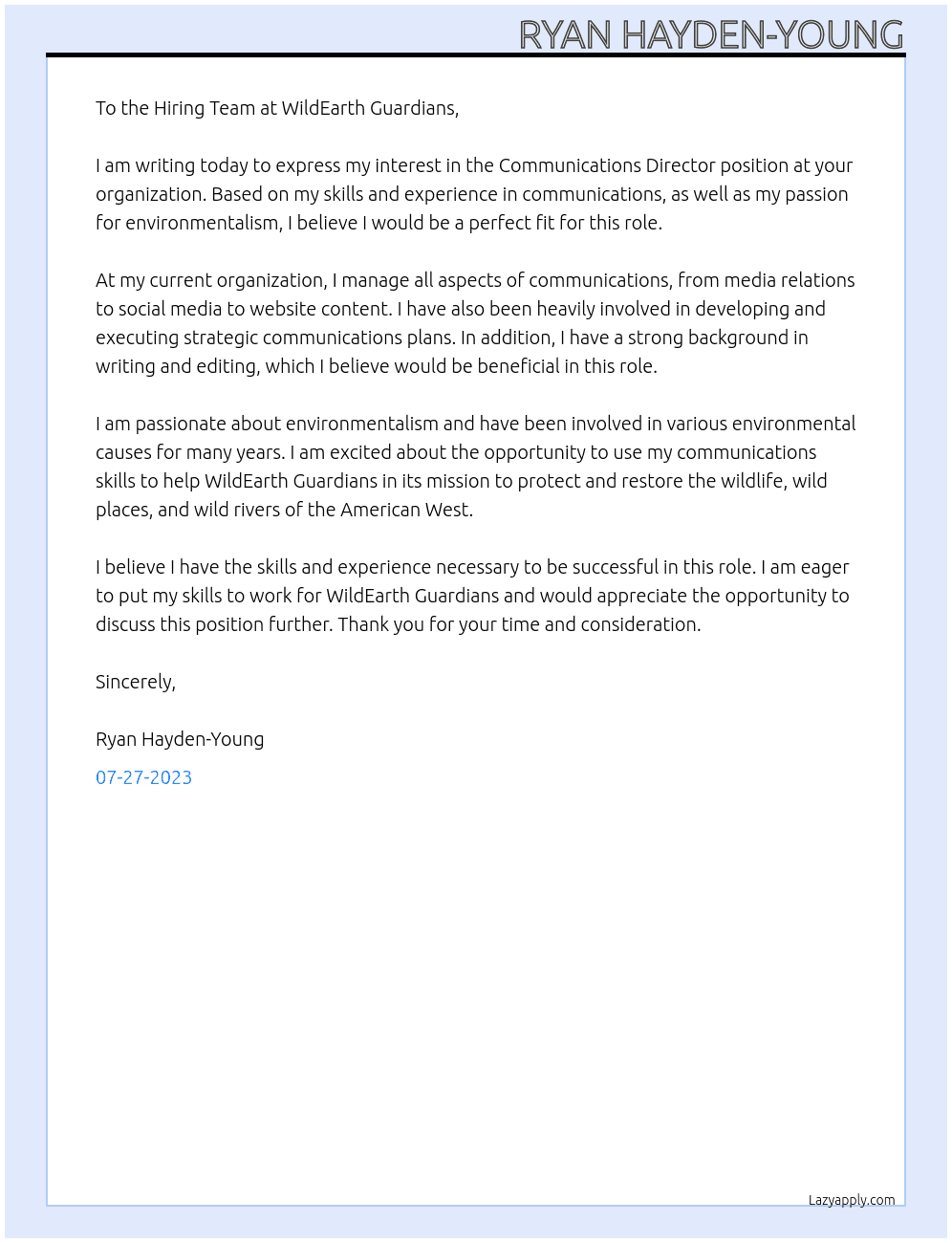 Communications Director At WildEarth Guardians Cover Letter
