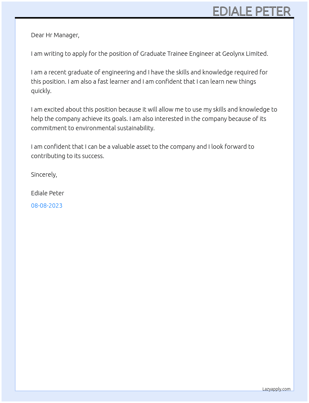 Graduate Trainee Engineer  At Geolynx Limited  Cover Letter
