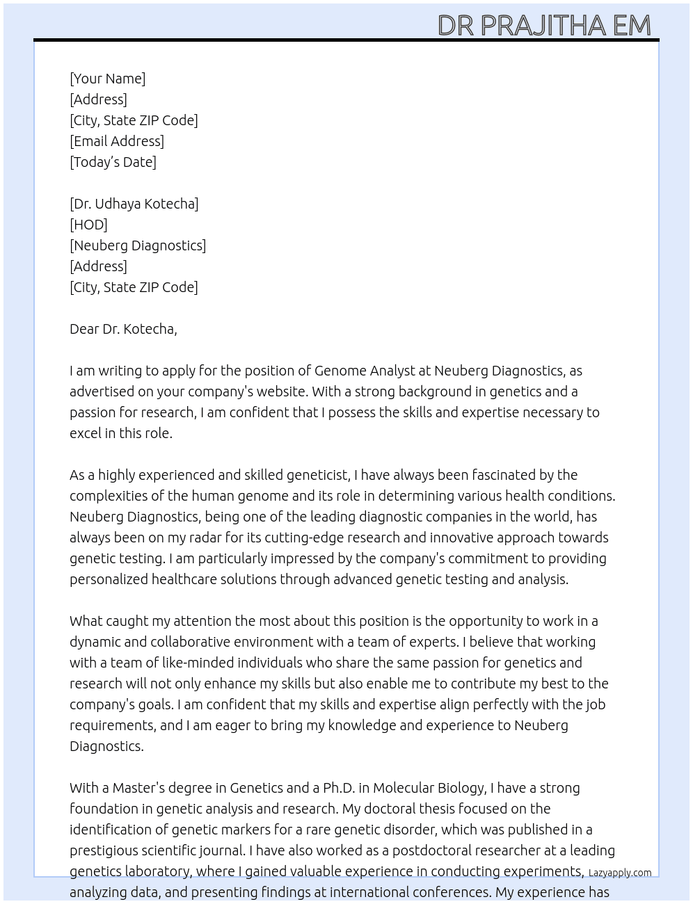 Genome analyst  At Neuberg diagnostics  Cover Letter