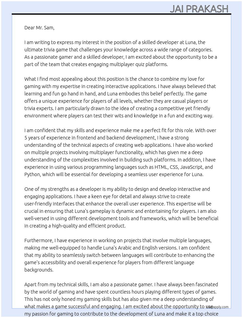 We're seeking a skilled developer to create a multiplayer gaming quiz web application, followed by a mobile app version. The ideal candidate should have experience in building engaging quiz platforms that support multiple players. You will be responsible for both frontend and backend development, ensuring a seamless user experience. If you are passionate about gaming and have the necessary skills, please apply! Your expertise in creating interactive applications will be essential for this project's success.   Intro: Luna, the ultimate trivia game that challenges your knowledge across a wide range of categories, all while offering a fun and competitive environment! Whether you're a casual player or a trivia expert, this game is designed to entertain, engage, and test your wits in an exciting way. Luna is available in both Arabic and English, making it accessible to players from different language backgrounds and enhancing the experience for everyone. You can seamlessly switch between languages and enjoy the trivia fun, whether you're more comfortable in Arabic or English. In Luna, players can form teams and compete by answering questions from categories like science, geography, art, history, and much more. Each team can earn points based on correct answers and strategically use a variety of aid tools to gain an advantage. These powerful tools include: • Diploma: Double your points if you answer correctly! • Block: Prevent the opposing team from answering. • Switch Answers: Swap answers between the two teams. • Two Answers: Choose two answers to a question for a better chance of scoring. • Extra Time: Get an additional minute to answer a question. • Call a Friend: Reach out to a friend for help with the answer! Your friend can provide advice and guidance during your turn. The game features dynamic boards and interactive gameplay, ensuring that every round is exciting. Players can invite others to join via a link or QR code, and with the ability to log in using email, phone, or social media accounts, playing has never been easier. Whether you want to challenge friends, climb the global leaderboards, or just have fun, Luna offers a unique experience for everyone. Track your progress, earn achievements, and prove your knowledge in a thrilling game of trivia. Join us in Luna and let the competition begin—because learning and fun go hand in hand when it’s all wrapped in strategy, excitement, and friendly rivalry, available in Arabic and English!  At Luna  Cover Letter
