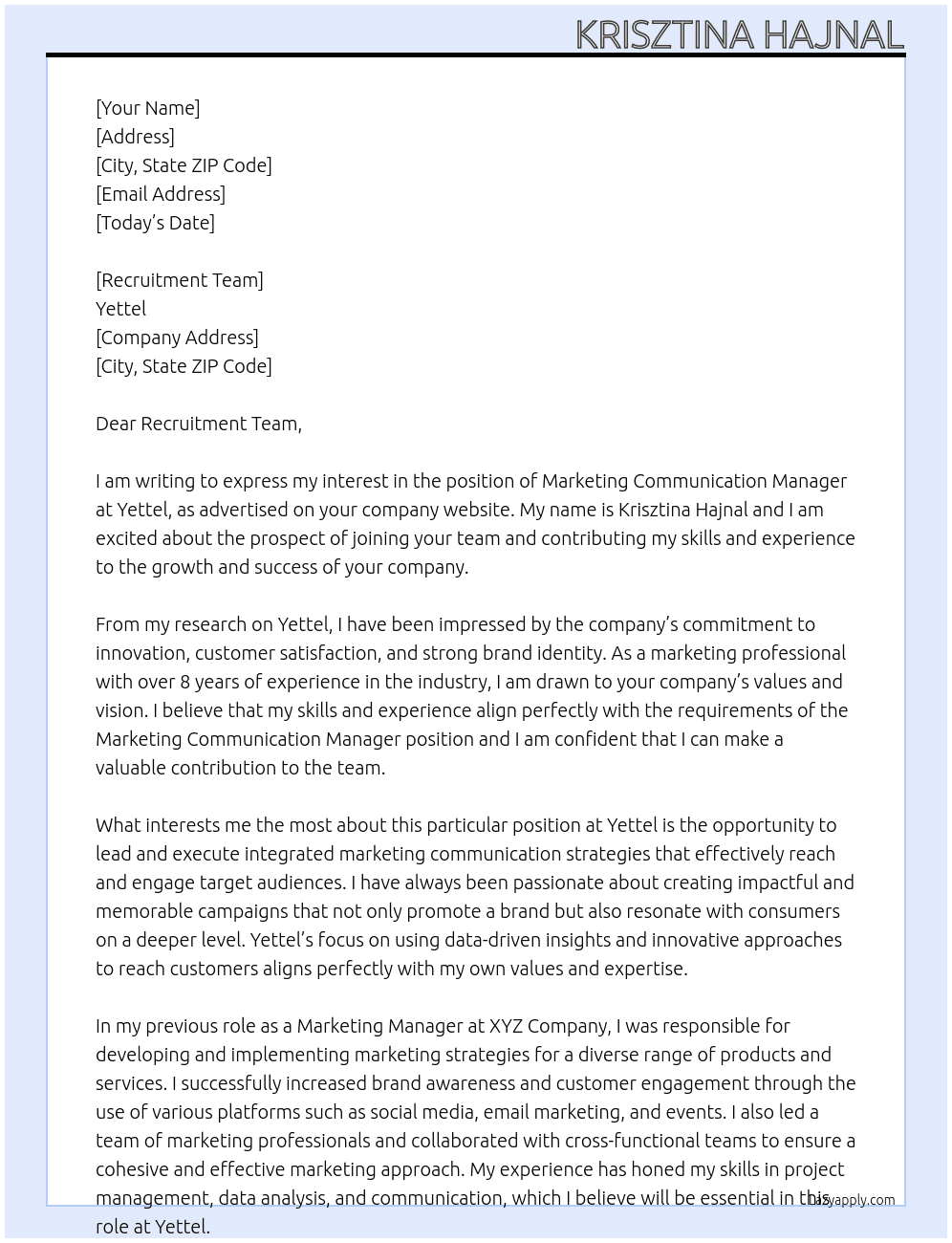 Marketing Communication Manager At Yettel Cover Letter