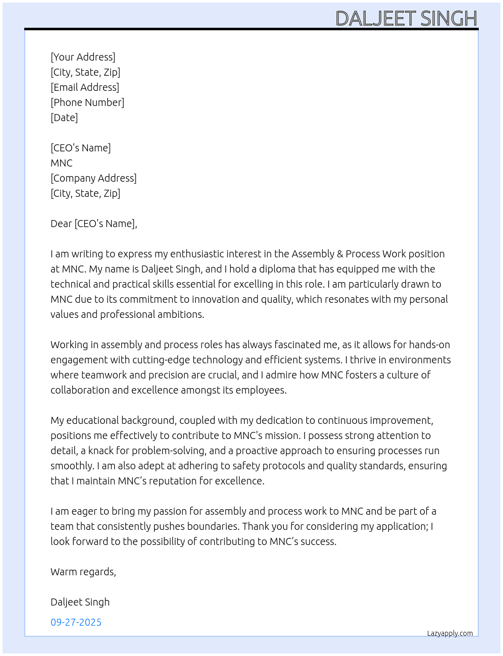 Assembly & process work  At MNC Cover Letter