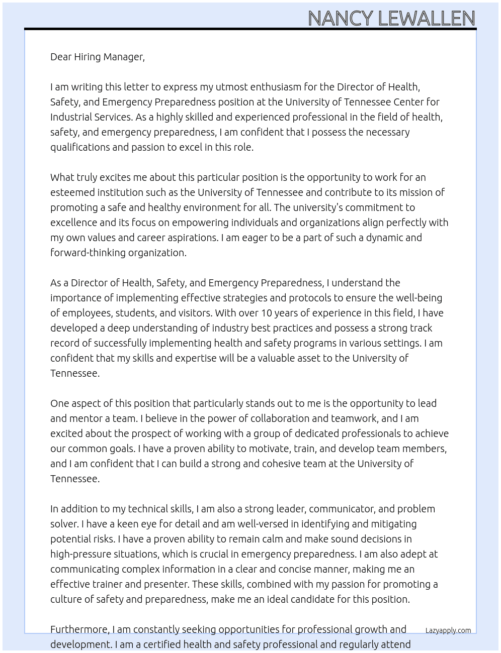 Director of Health, Safety, and Emergency Preparedness  At University of Tennessee Center for Industrial Services Cover Letter