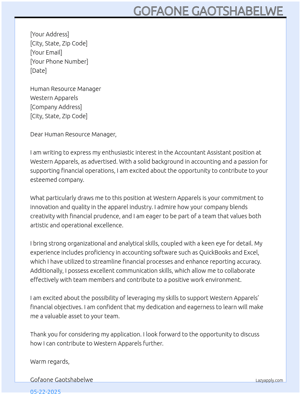 Accountant Assistant At Western Apparels  Cover Letter