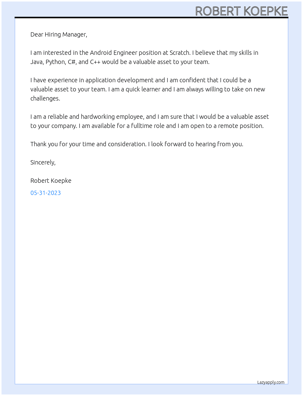 Android Engineer At Scratch Cover Letter